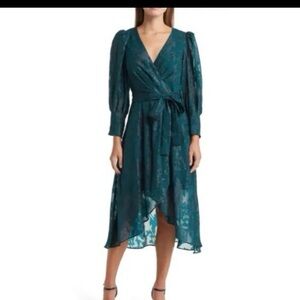 New Eliza J Dark Green Long Sleeve Wrap Dress